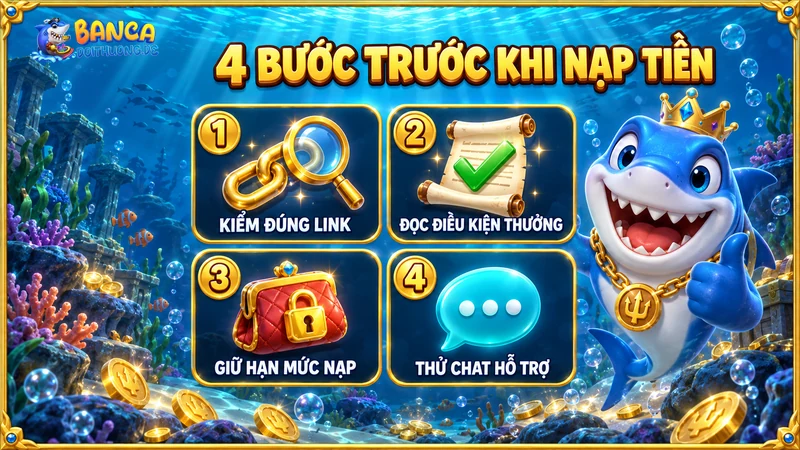 4 bước trước khi nạp tiền: kiểm đúng link, đọc điều kiện thưởng, giữ hạn mức nạp, thử chat hỗ trợ
